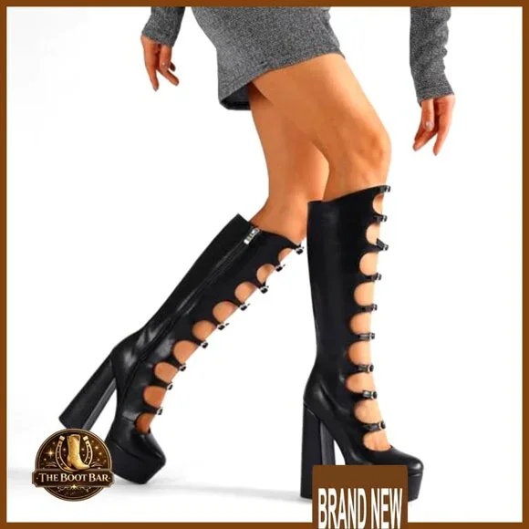 Knee High Platform Boots Chunky Heel Buckle Detail Patent Leather Wide Calf